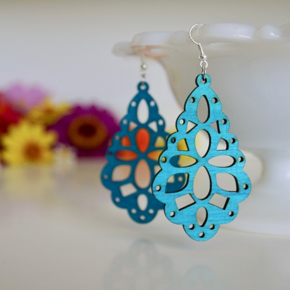 Teresa Mercer Made Jewelry - NWT Laser Cut Wooden Earrings in Turquoise